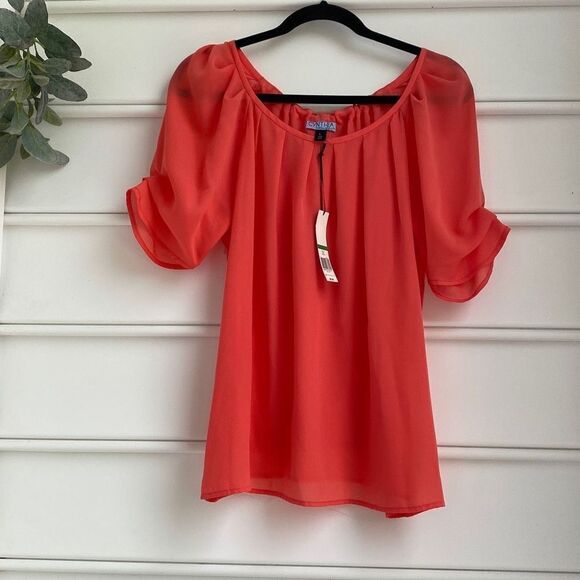 Cynthia Rowley Pleated Short Sleeve Chiffon Tie‎ Neck Dressy Blouse Coral Large - Picture 1 of 12